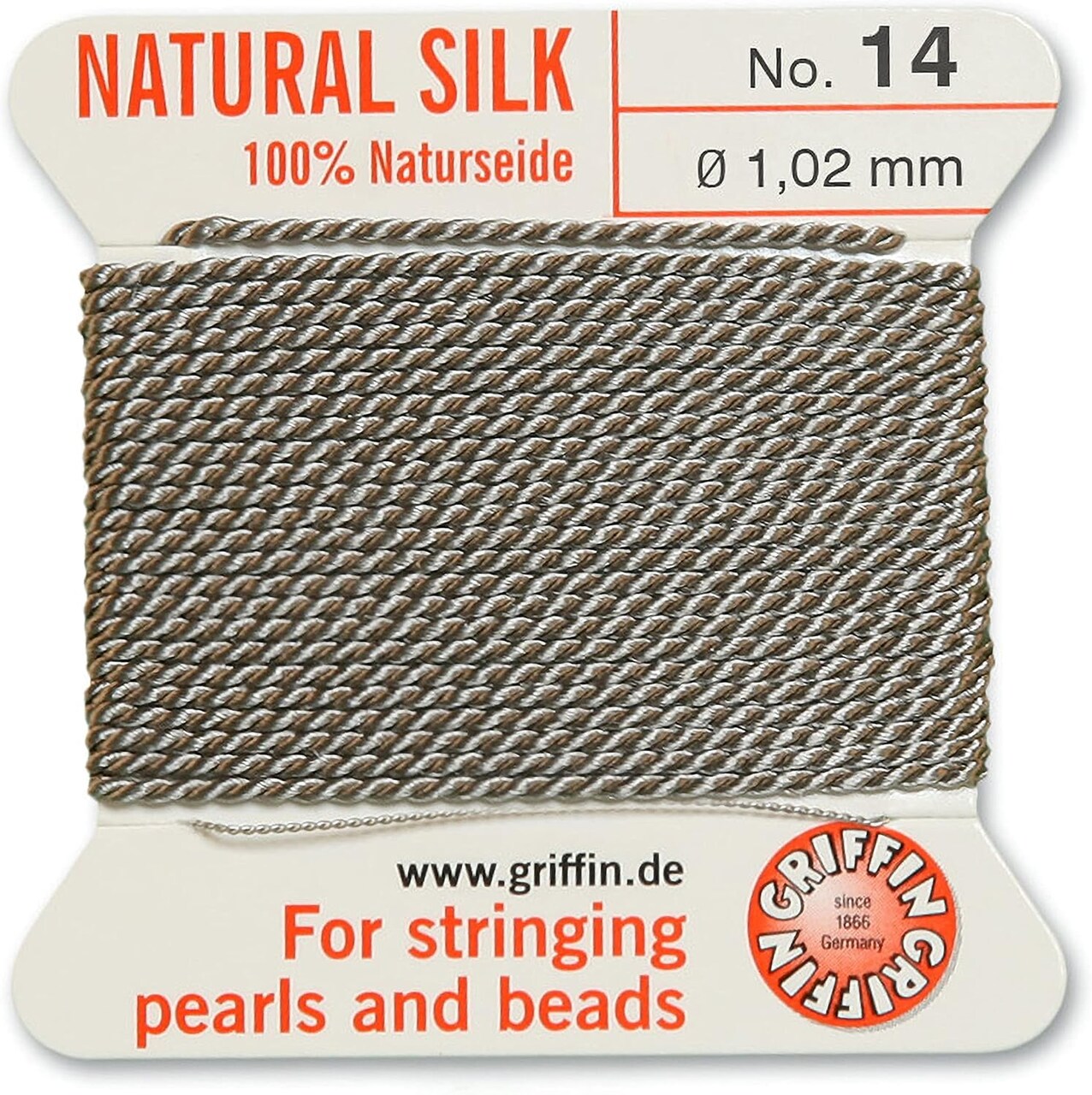 Griffin Silk Bead Cord Perlseide – Size 14 (1.02mm) – 2 Meters per Card – Stainless Steel Needle Attached – for Knotting Pearls, Gemstones, Crystals and Beads